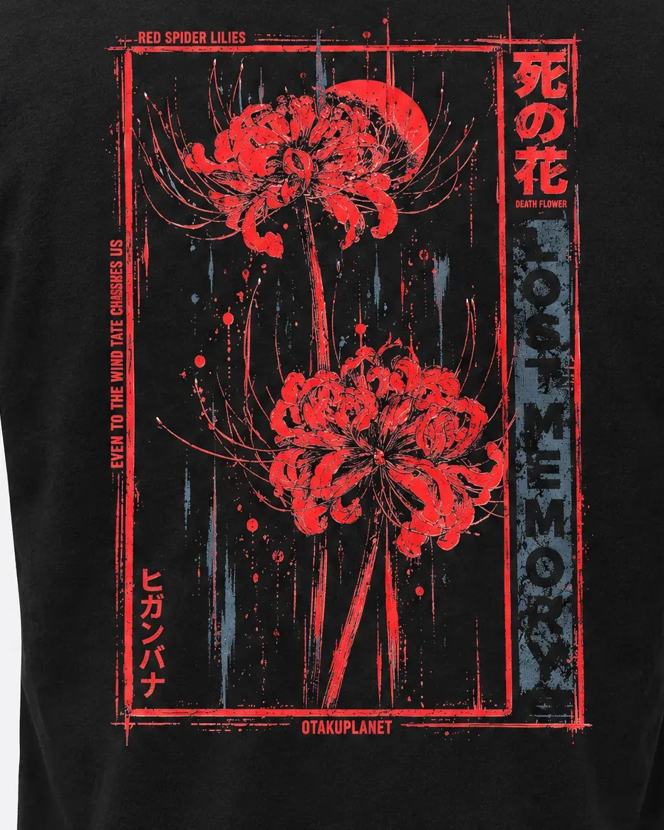 Acercamiento a los lirios araña rojos, el marco y los kanjis 死の花.