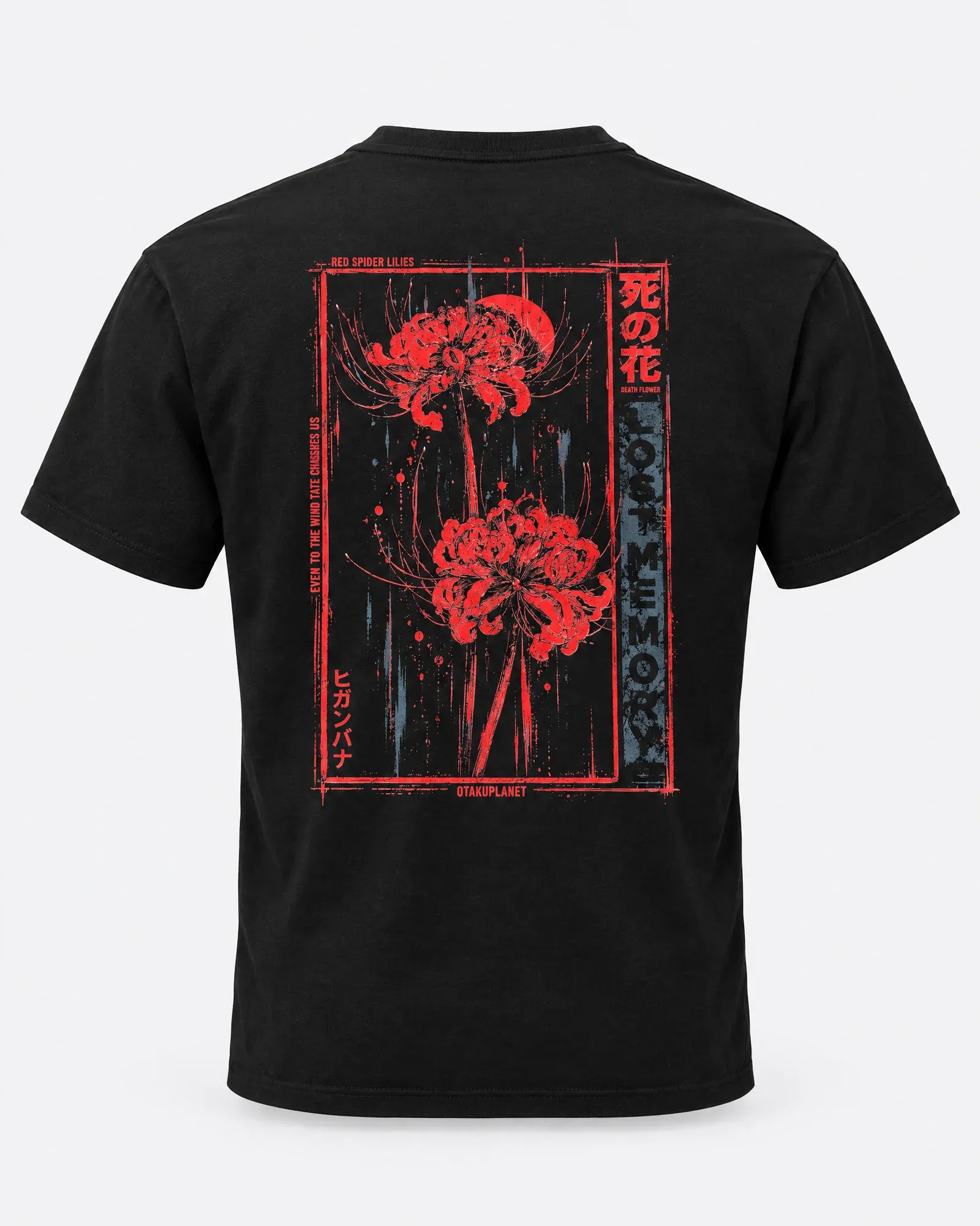 Espalda de una playera negra con dos lirios araña rojos dentro de un marco rojo, con texto japonés y Lost Memory.