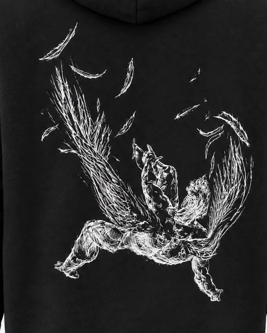 Acercamiento al dibujo en línea blanca de Ícaro con las alas abiertas y plumas sueltas.