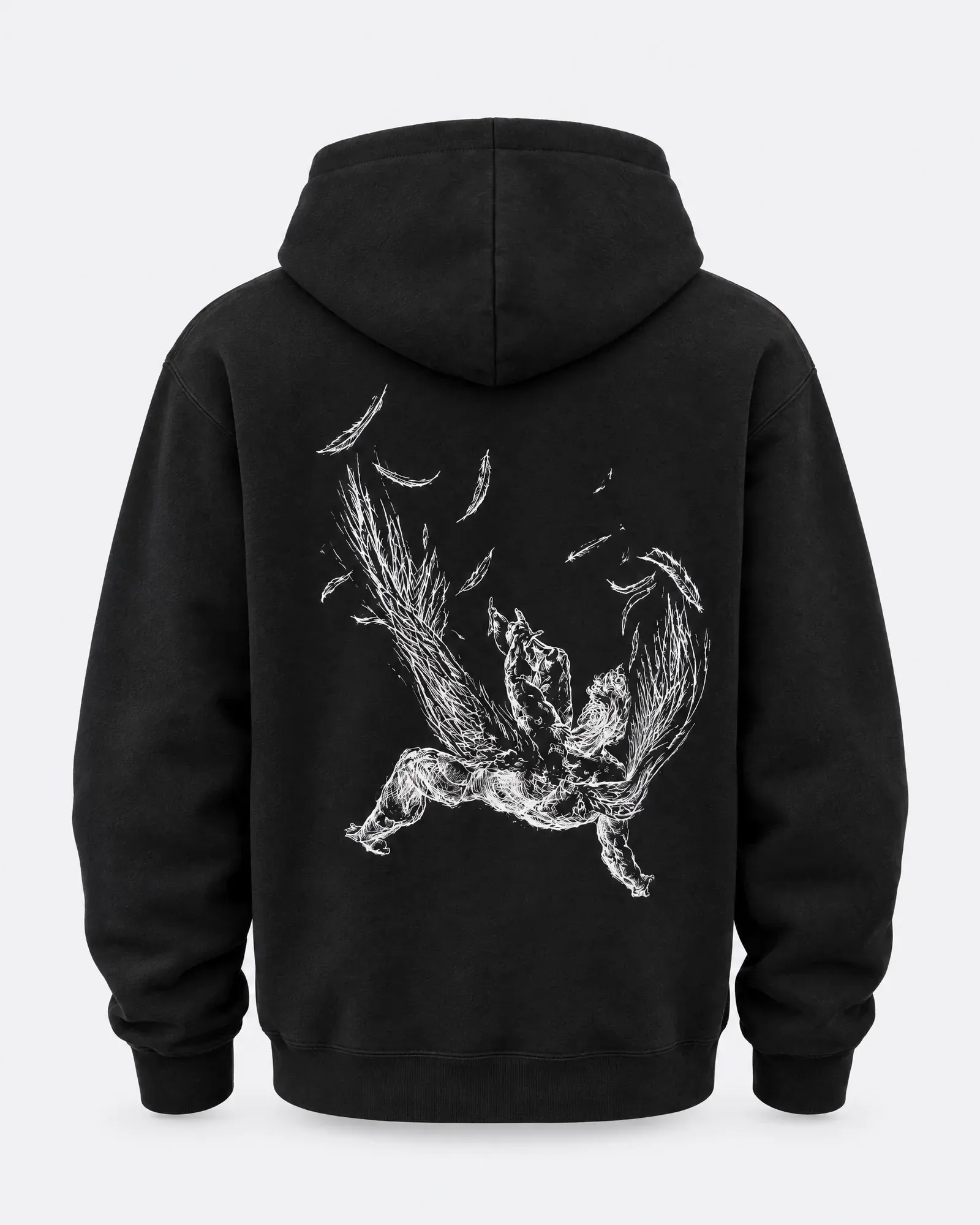 Espalda de una sudadera negra con capucha y la ilustración en línea blanca de un ángel cayendo entre plumas.