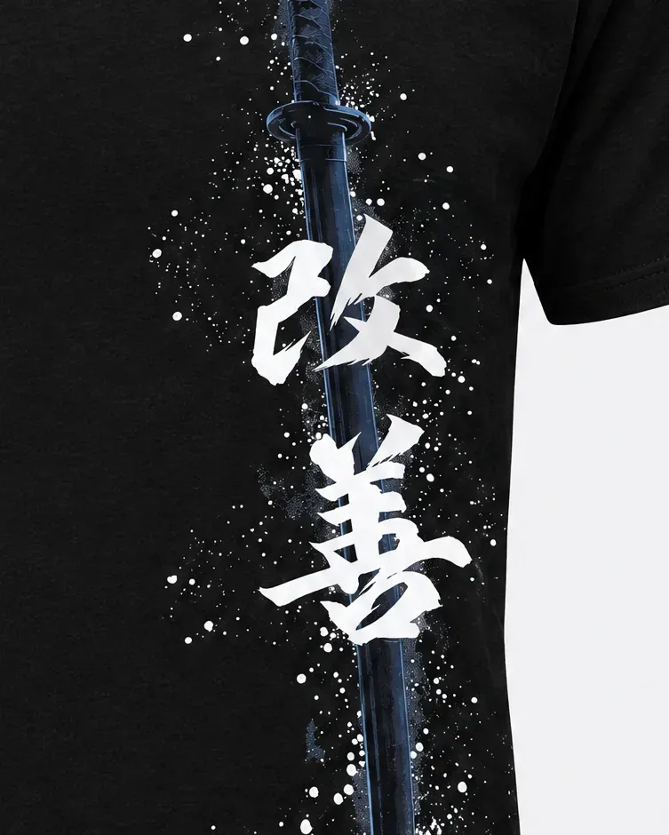 Acercamiento a los kanjis 改善 en pincel blanco sobre la katana oscura.