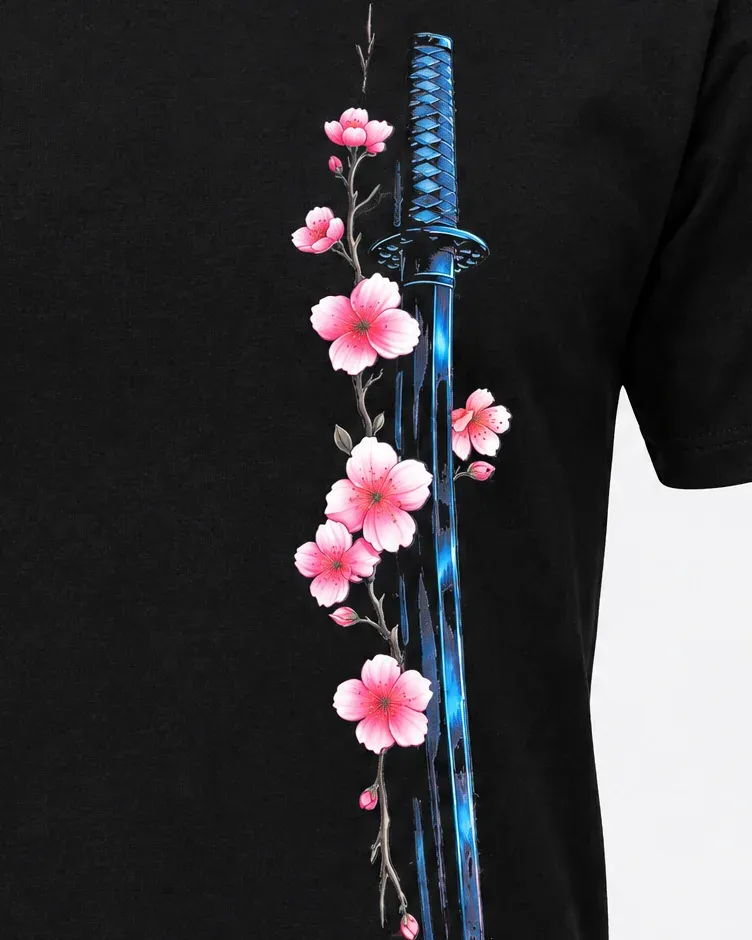 Acercamiento a la katana azul y las flores de cerezo rosas.