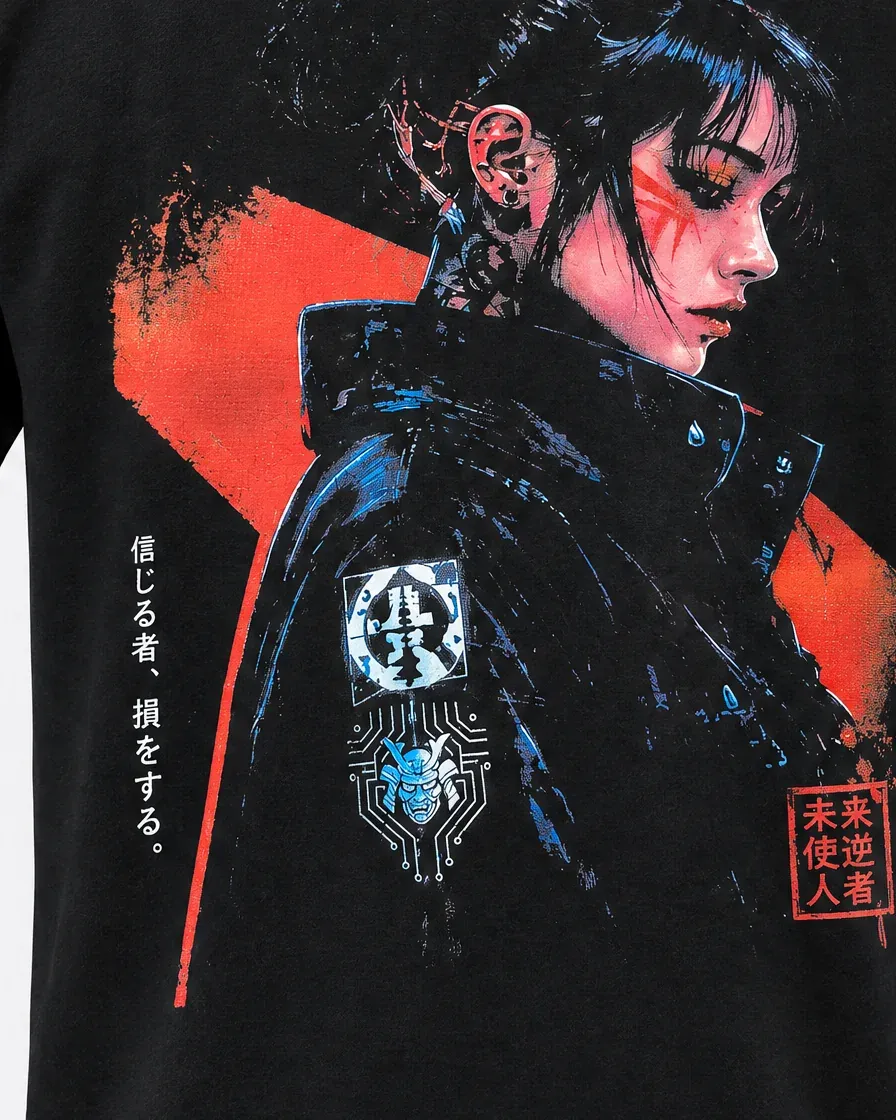 Acercamiento al rostro de la samurái cyberpunk, con pintura roja bajo el ojo y chaqueta de cuello alto.