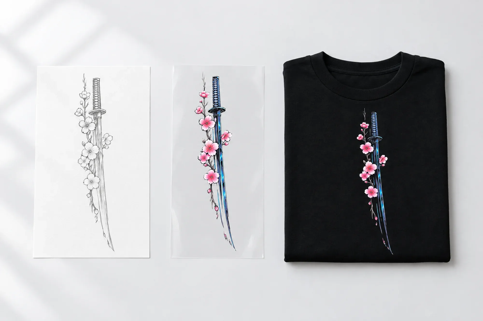 Boceto a lápiz de una katana con flores de cerezo, su impresión a color en película y la playera negra terminada, sobre una mesa gris.